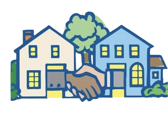 A drawing of two colorful houses with a handshake in the middle. 