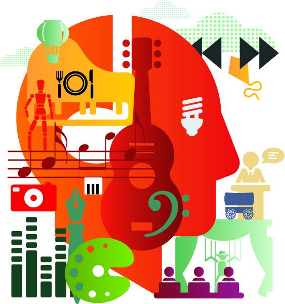 An image of a red outline of a head with icons around it.