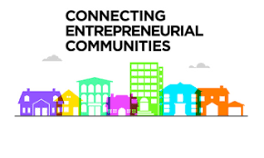 A logo with multi-colored buildings and words that say "Connecting Entrepreneurial Communities"