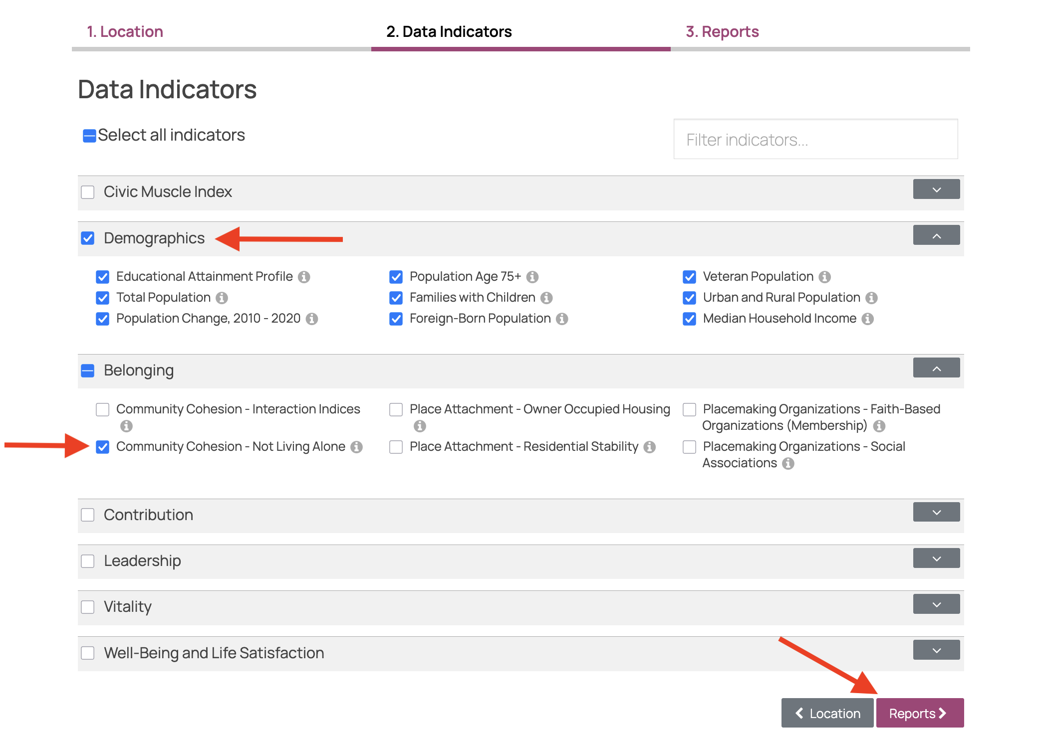 A screenshot of step two of the civic muscle index interactive report creation process showing how to click checkboxes next to category names and measures.