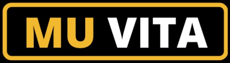 A black and yellow box with the words, "MU VITA."